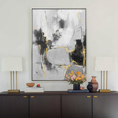 Contemporary Monochrome Abstract Artwork - Handcrafted Textured Canvas Painting with Ebony Frame