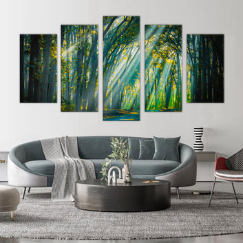 Enchanted Forest: 5-Piece Sunlight Through Trees Canvas Wall Art Set