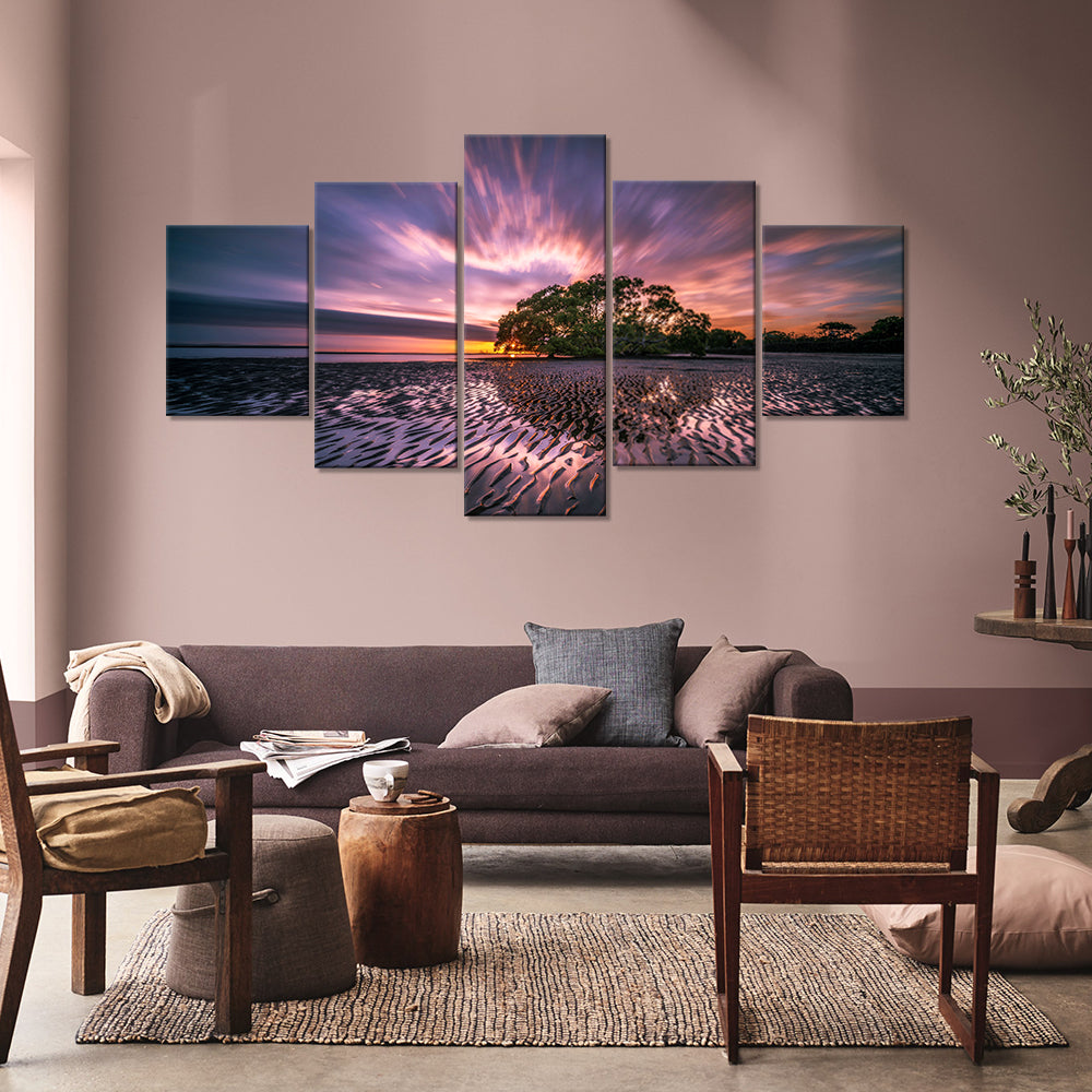 Sunrise Red Sky and Beach Tree Canvas Wall Art