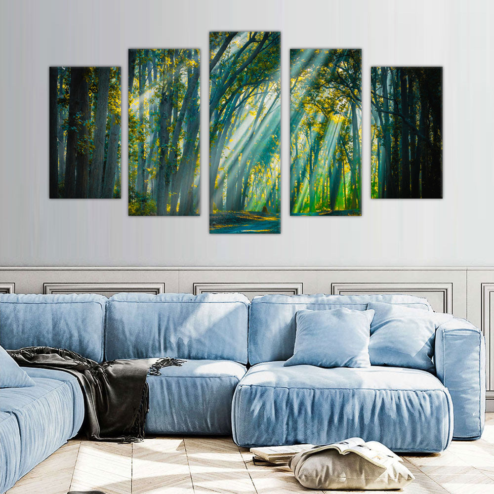 Enchanted Forest: 5-Piece Sunlight Through Trees Canvas Wall Art Set