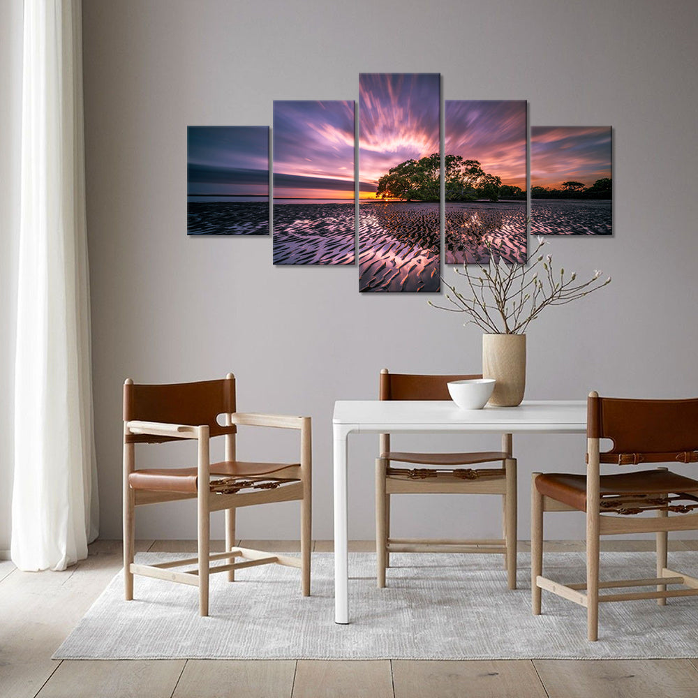 Sunrise Red Sky and Beach Tree Canvas Wall Art