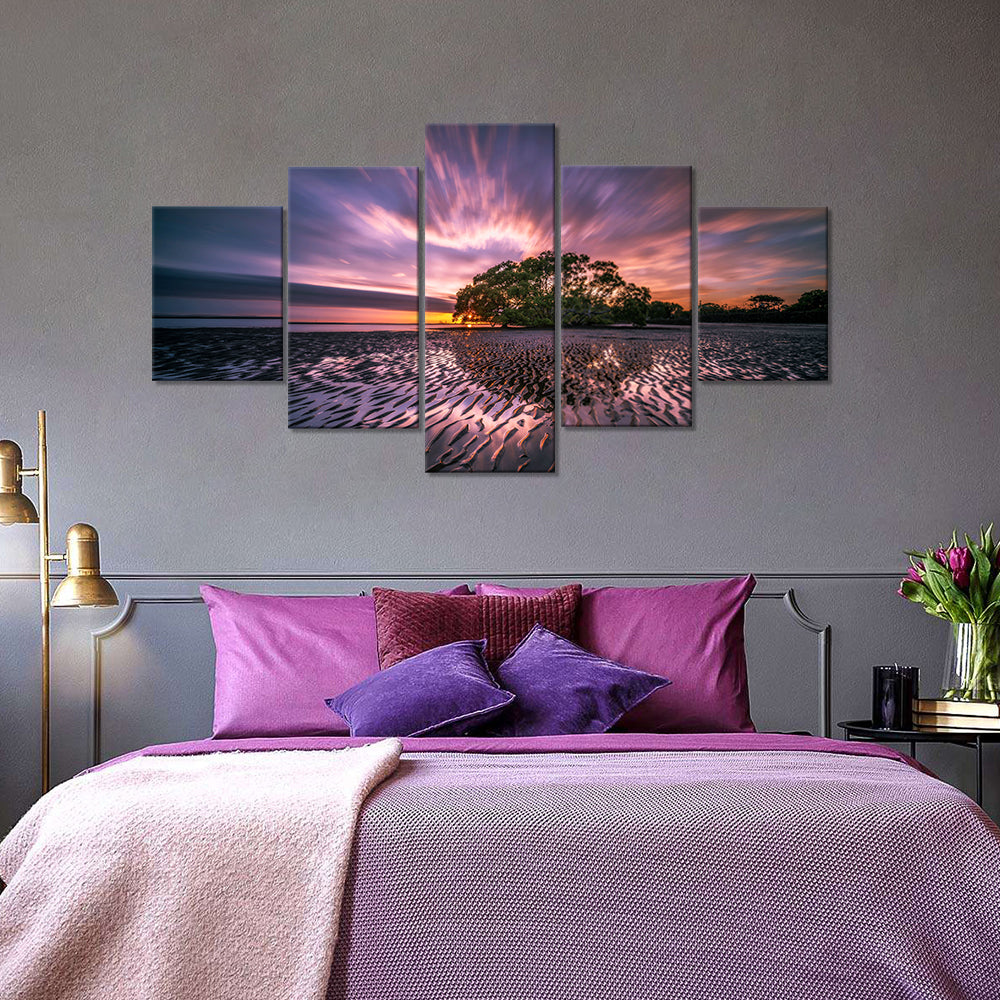 Sunrise Red Sky and Beach Tree Canvas Wall Art