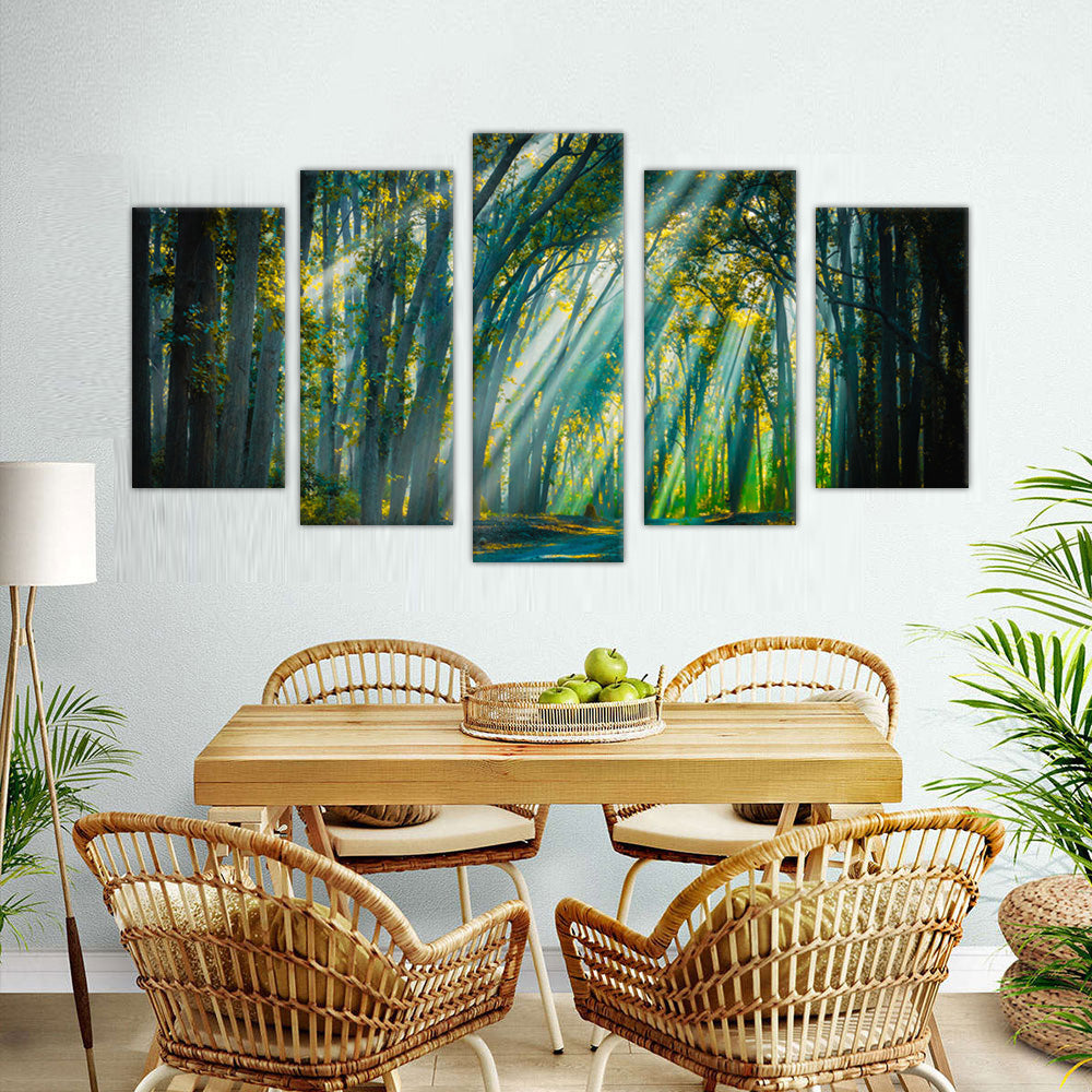 Enchanted Forest: 5-Piece Sunlight Through Trees Canvas Wall Art Set