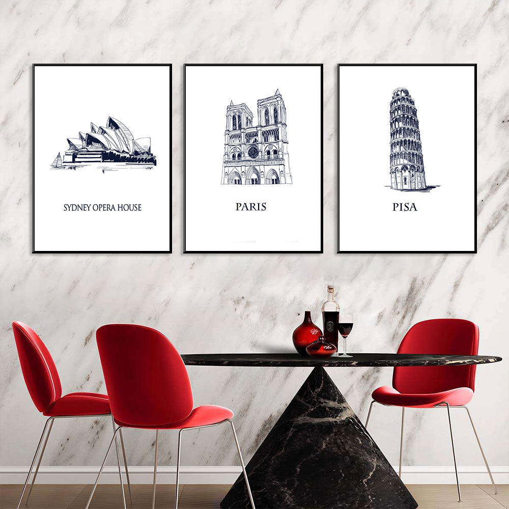 World Landmarks Trio: Sydney, Notre-Dame, Pisa Canvas Set