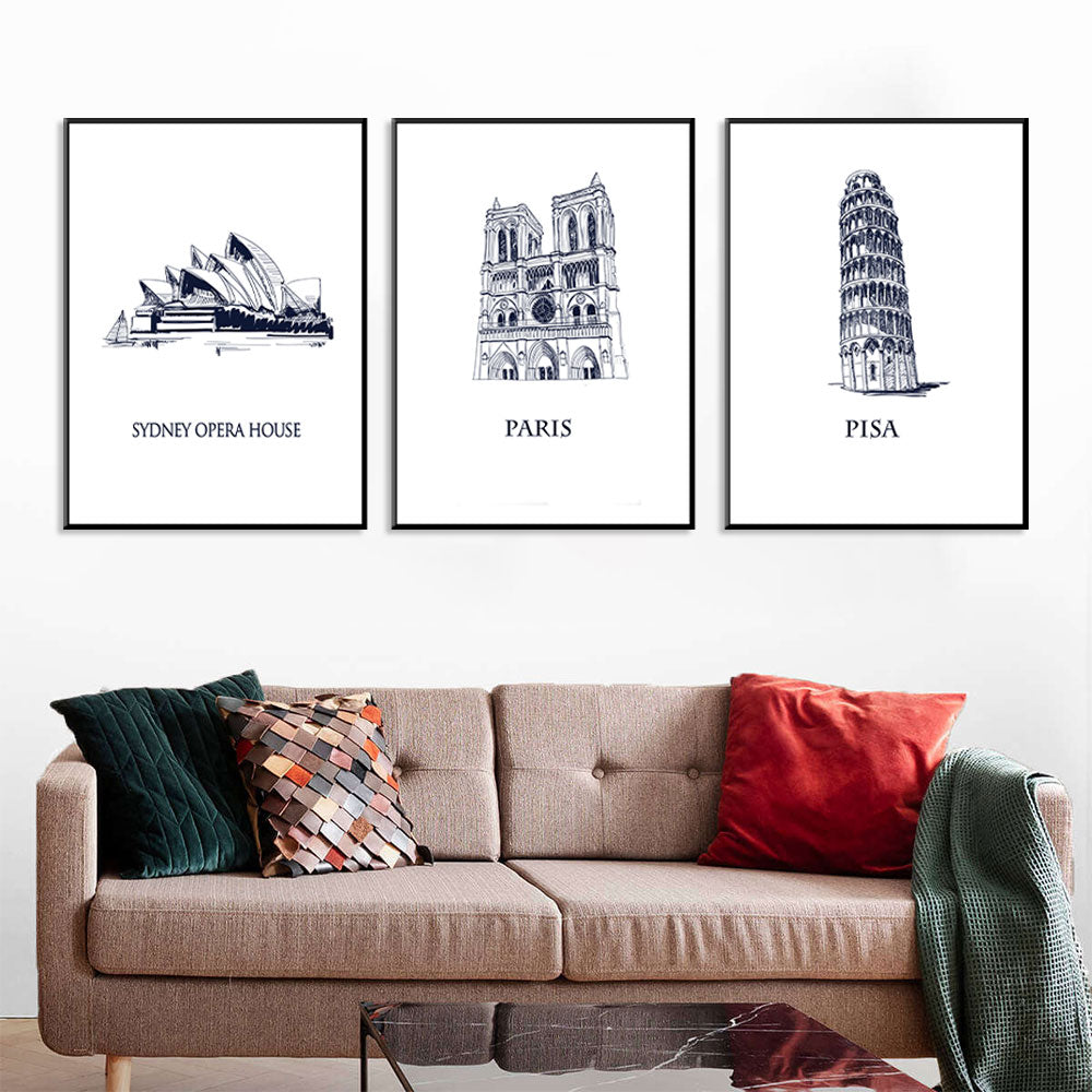 World Landmarks Trio: Sydney, Notre-Dame, Pisa Canvas Set