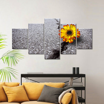 Flower Growing On A Crack In Old Asphalt Pavement Canvas Wall Art