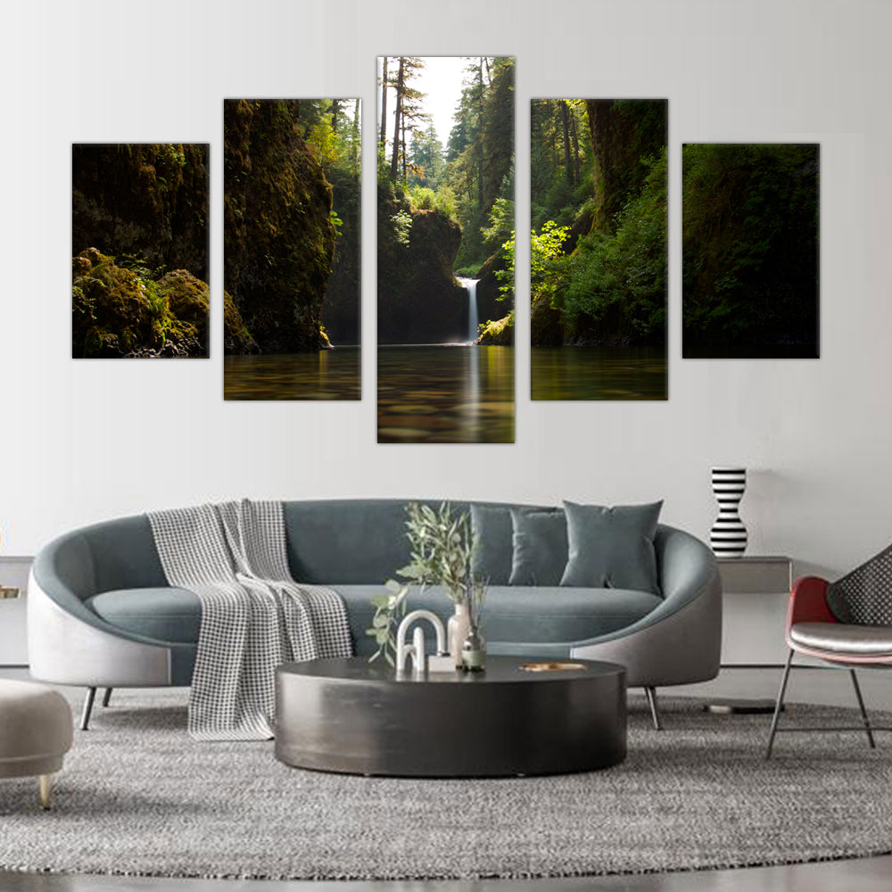 Hidden Waterfall Serenity: 5-Piece Forest Landscape Canvas Wall Art Set