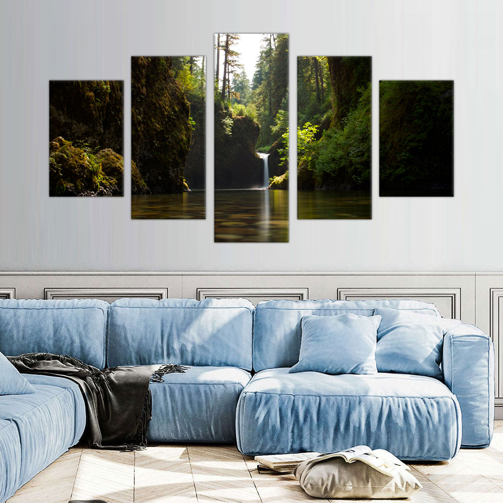 Hidden Waterfall Serenity: 5-Piece Forest Landscape Canvas Wall Art Set