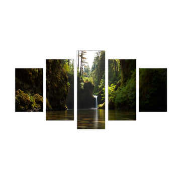 Hidden Waterfall Serenity: 5-Piece Forest Landscape Canvas Wall Art Set