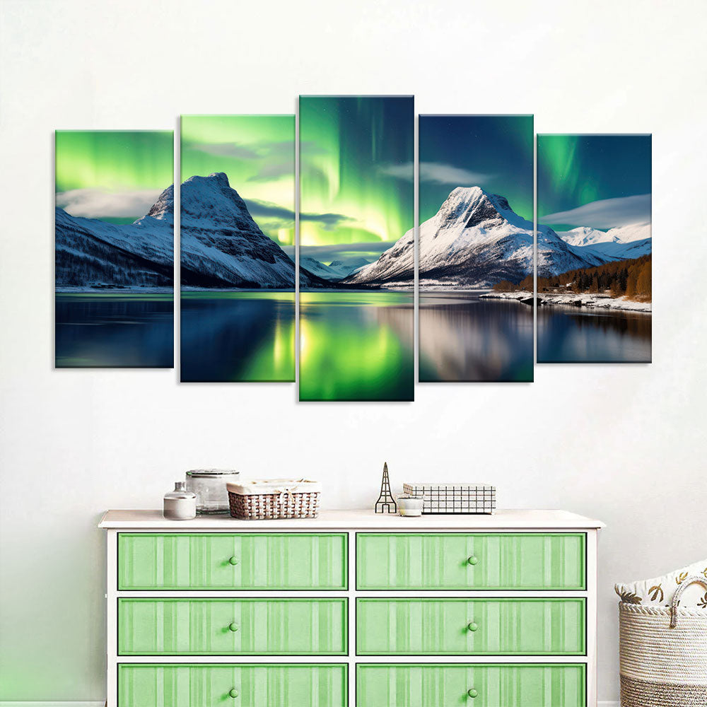 Northern Lights over Snow Mountain Canvas Wall Art