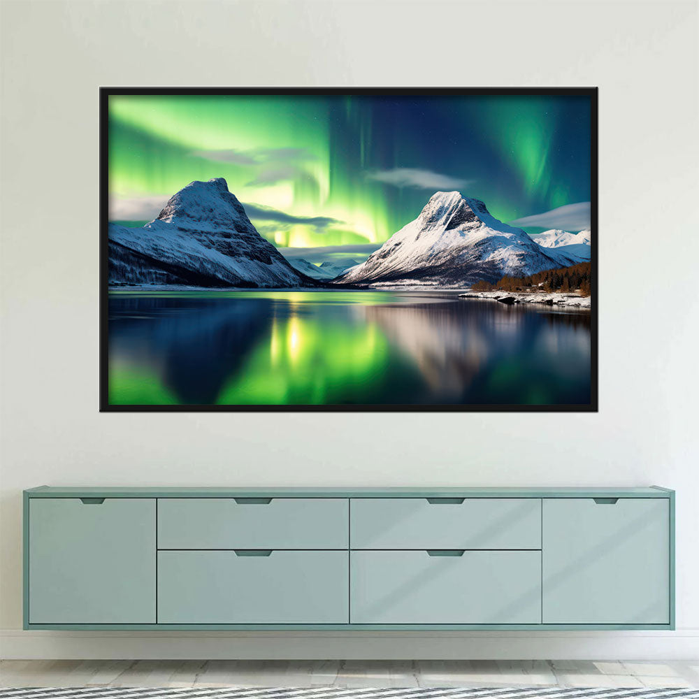 Northern Lights over Snow Mountain Canvas Wall Art