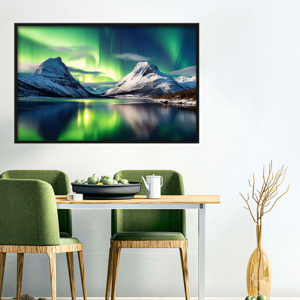 Northern Lights over Snow Mountain Canvas Wall Art