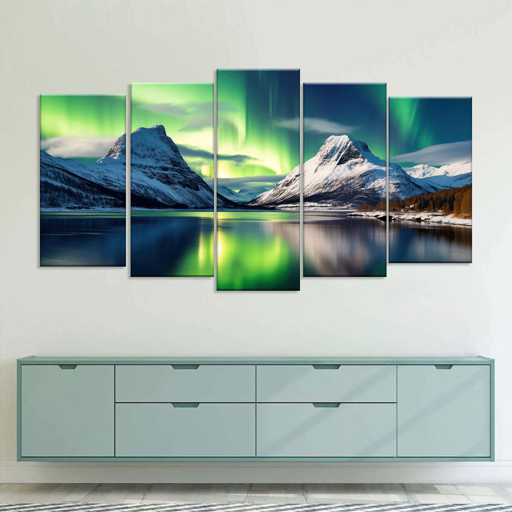 Northern Lights over Snow Mountain Canvas Wall Art