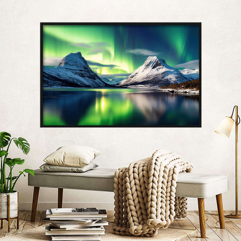 Northern Lights over Snow Mountain Canvas Wall Art