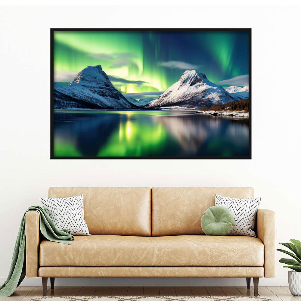 Northern Lights over Snow Mountain Canvas Wall Art