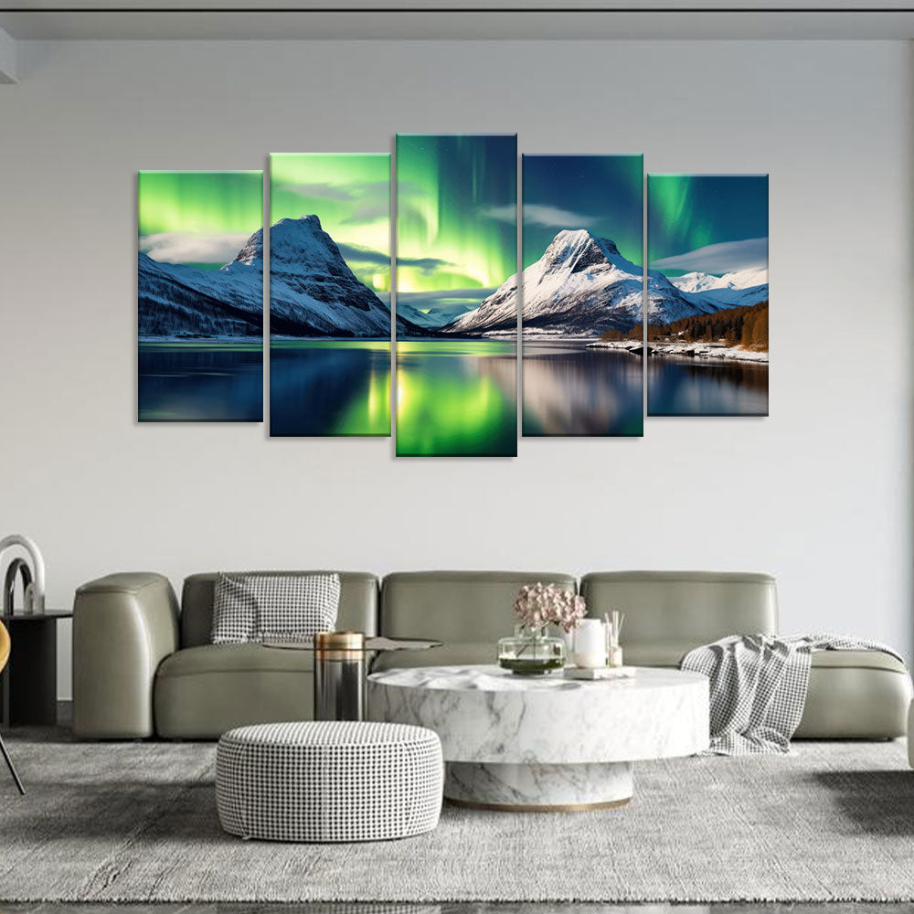 Northern Lights over Snow Mountain Canvas Wall Art