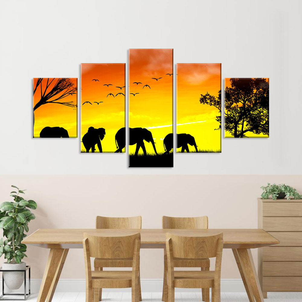 Elephants in Sunset Canvas Wall Art