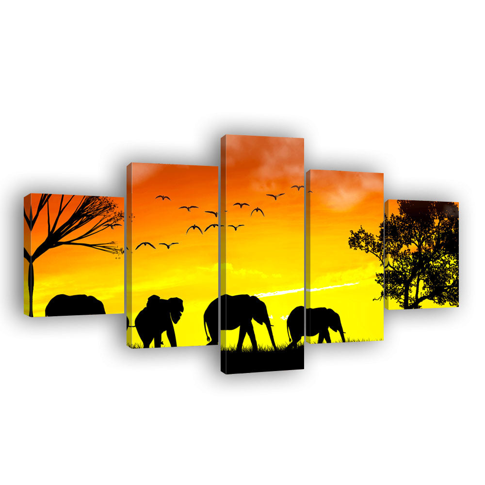 Elephants in Sunset Canvas Wall Art