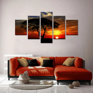 Lonely Tree in African Sunset Canvas Wall Art