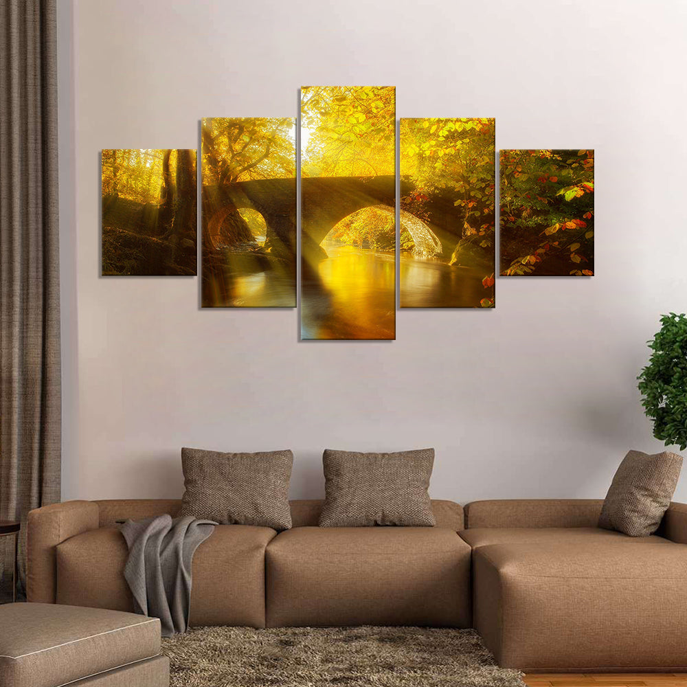 5-Piece Golden Forest Stone Bridge Canvas Wall Art