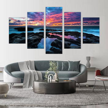 Ocean Sunset Reflection: 5-Piece Coastal Seascape Canvas Wall Art Set