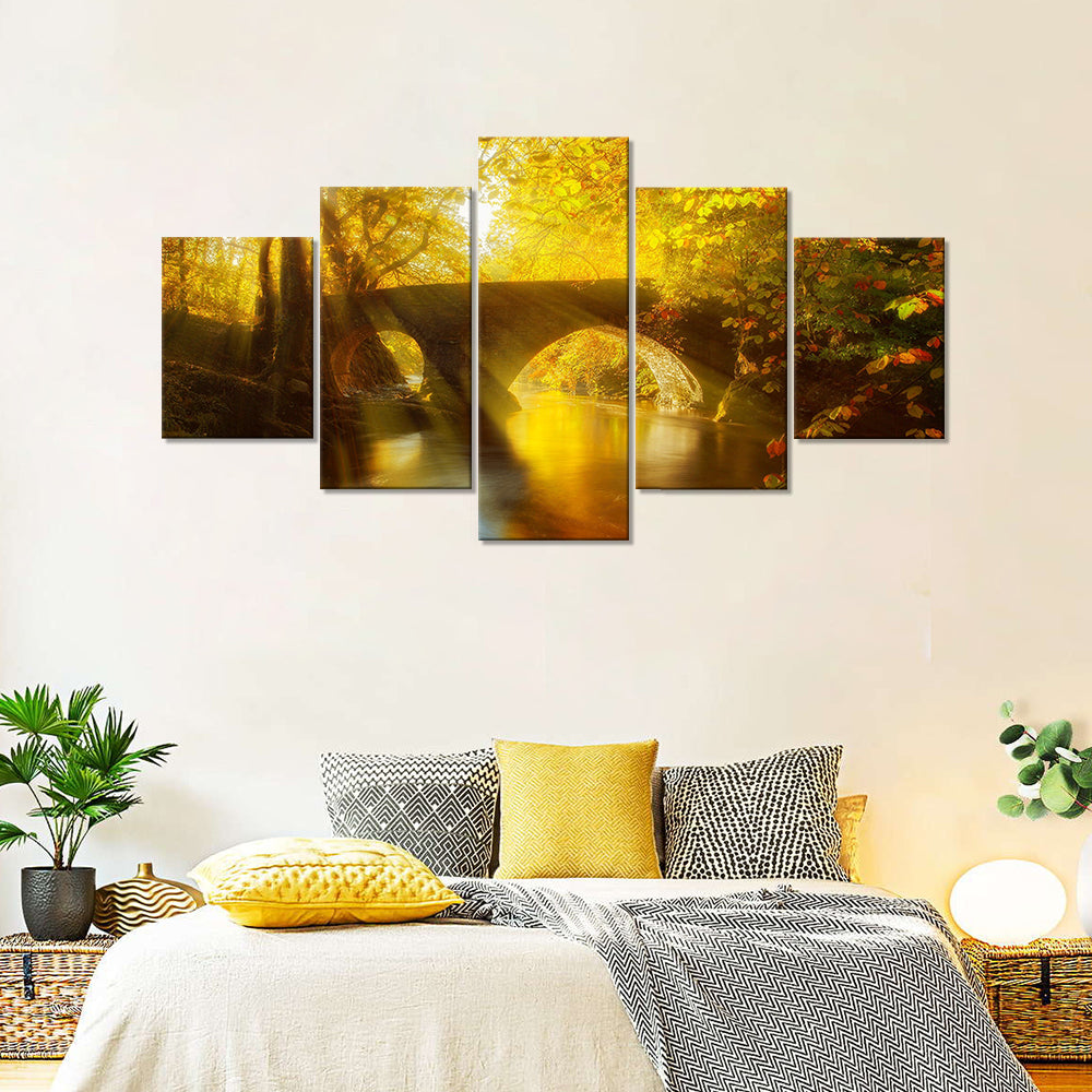 5-Piece Golden Forest Stone Bridge Canvas Wall Art