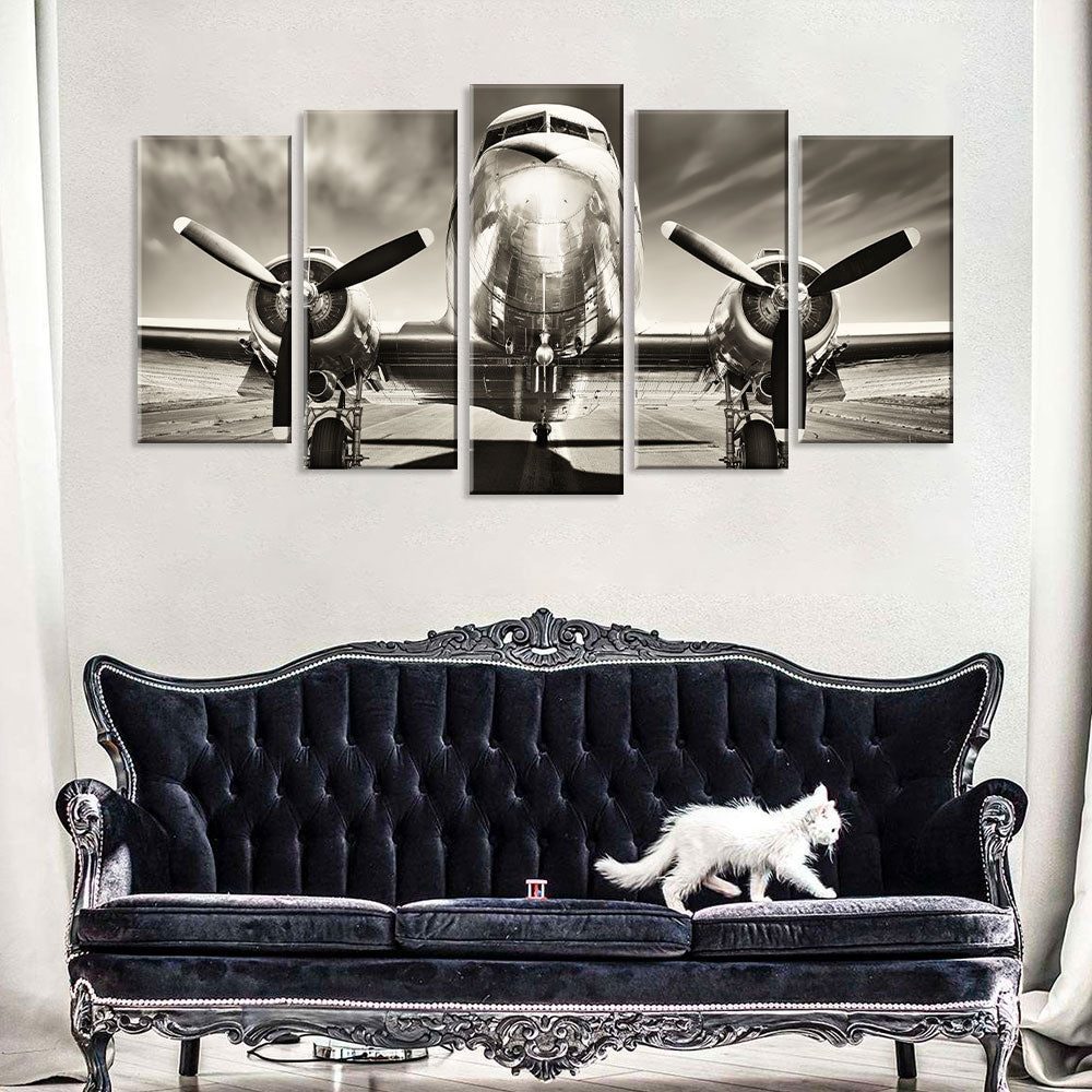 5 Piece Vintage Airplane on Runway Canvas Wall Art