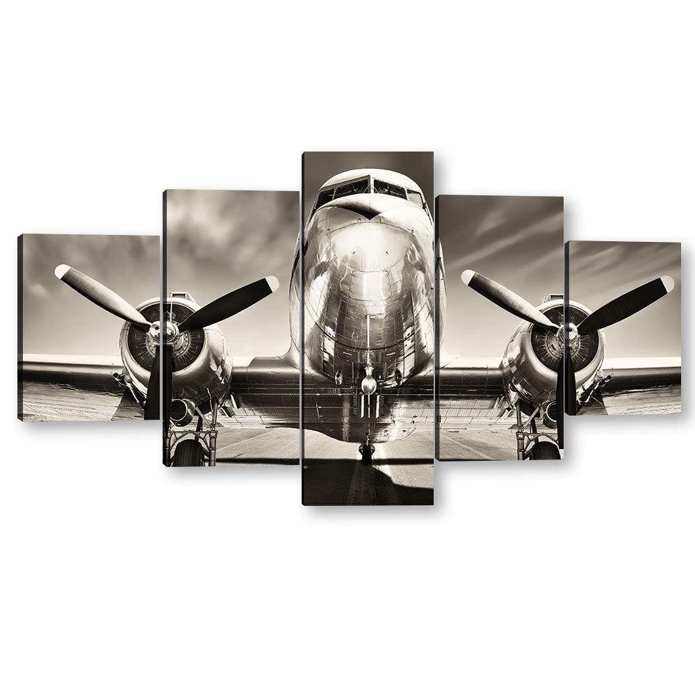 5 Piece Vintage Airplane on Runway Canvas Wall Art