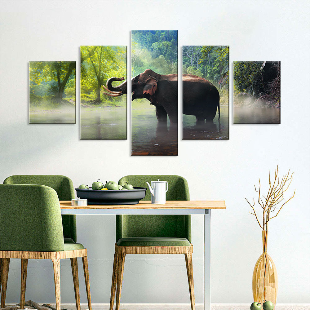 Wild Elephant in Forest Lake Canvas Wall Art