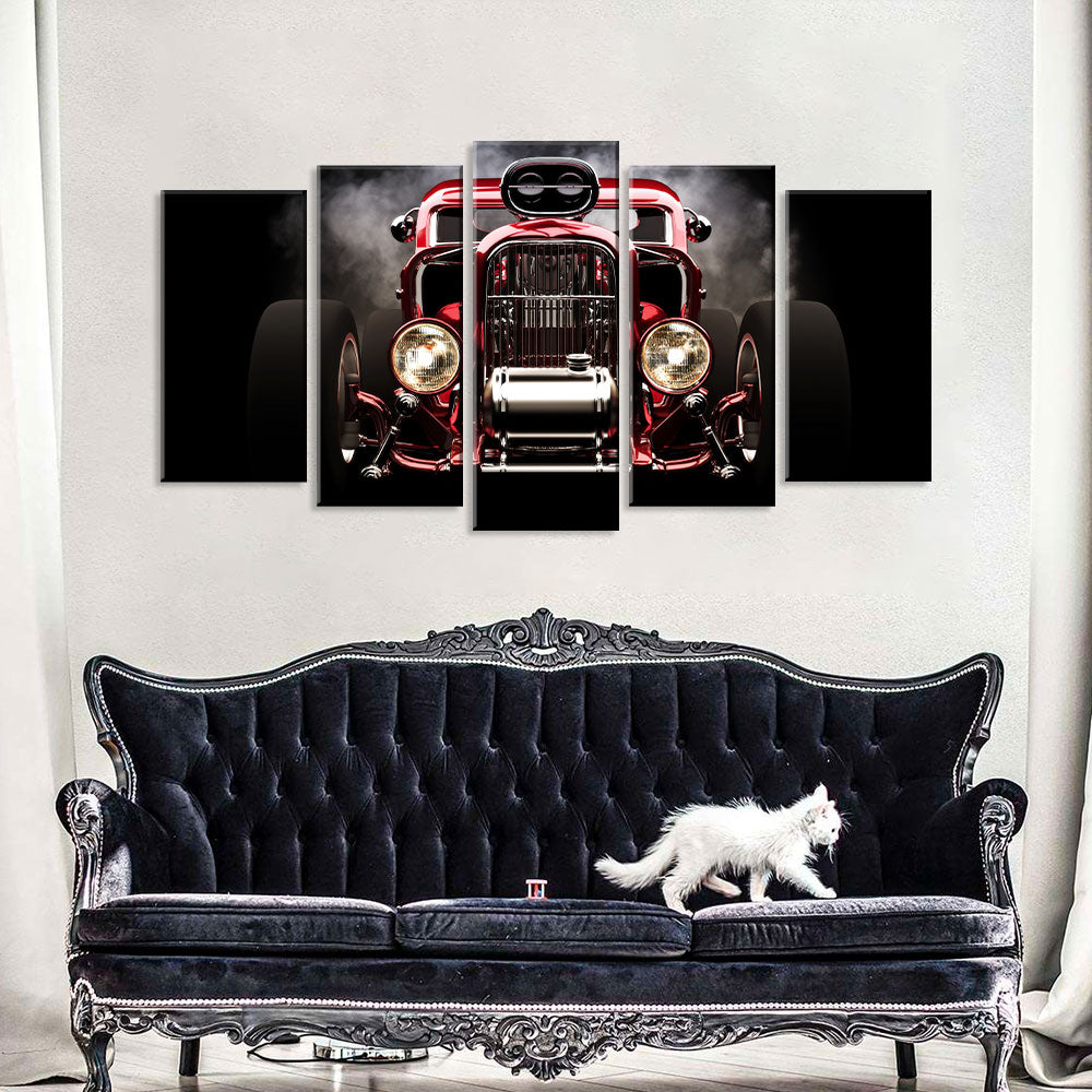 5 Piece Red Vintage Car Canvas Wall Art