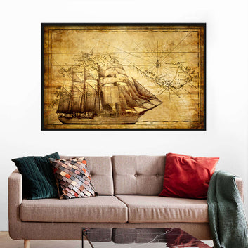 Vintage Sailing Ship on Old Map Canvas Wall Art