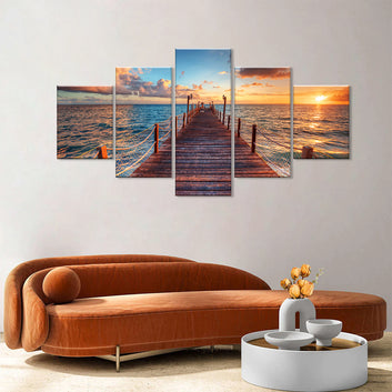 Sunset Over Wooden Sea Pier Canvas Wall Art