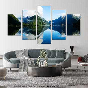 Tranquil Fjord Reflection: 5-Piece Nature Landscape Canvas Wall Art Set