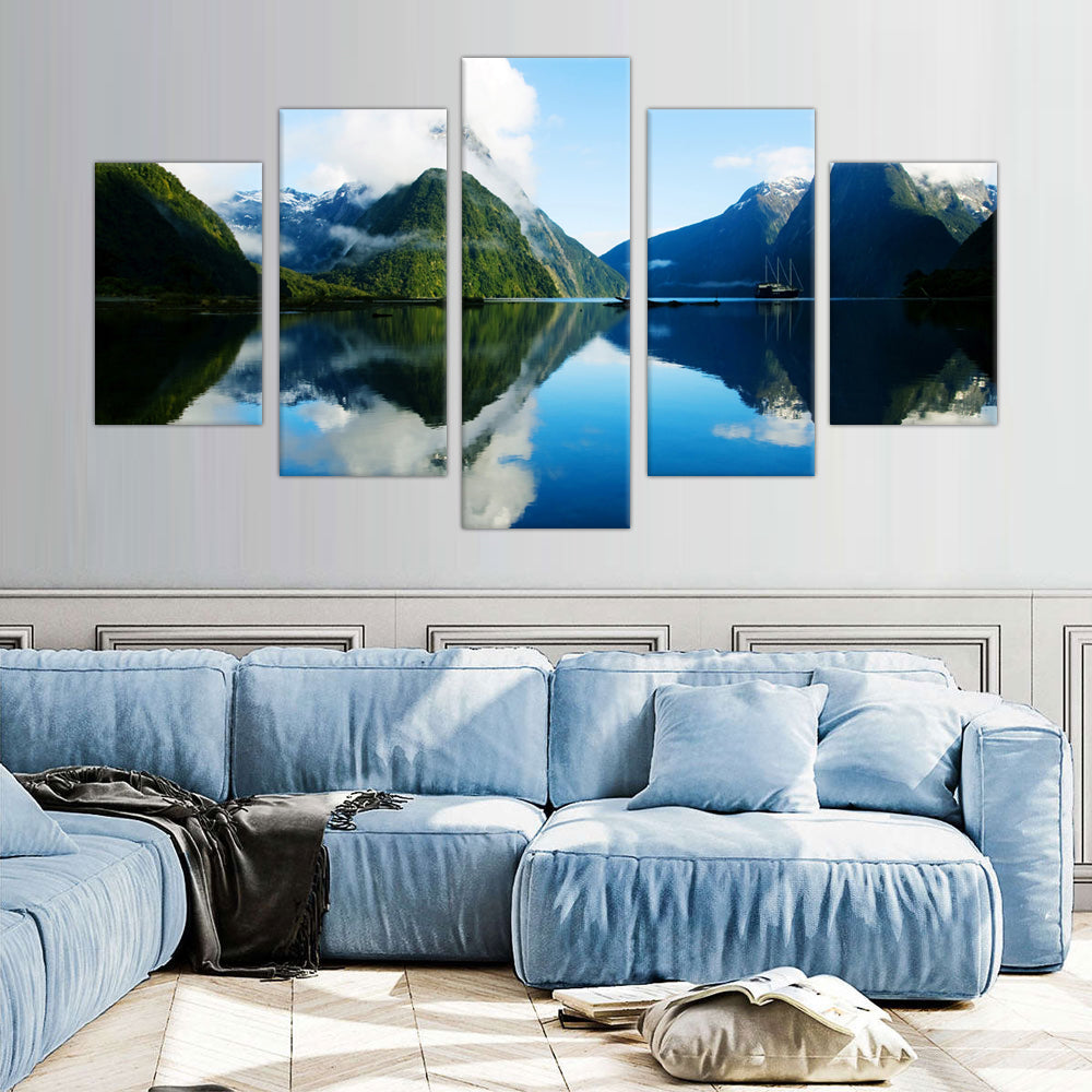 Tranquil Fjord Reflection: 5-Piece Nature Landscape Canvas Wall Art Set