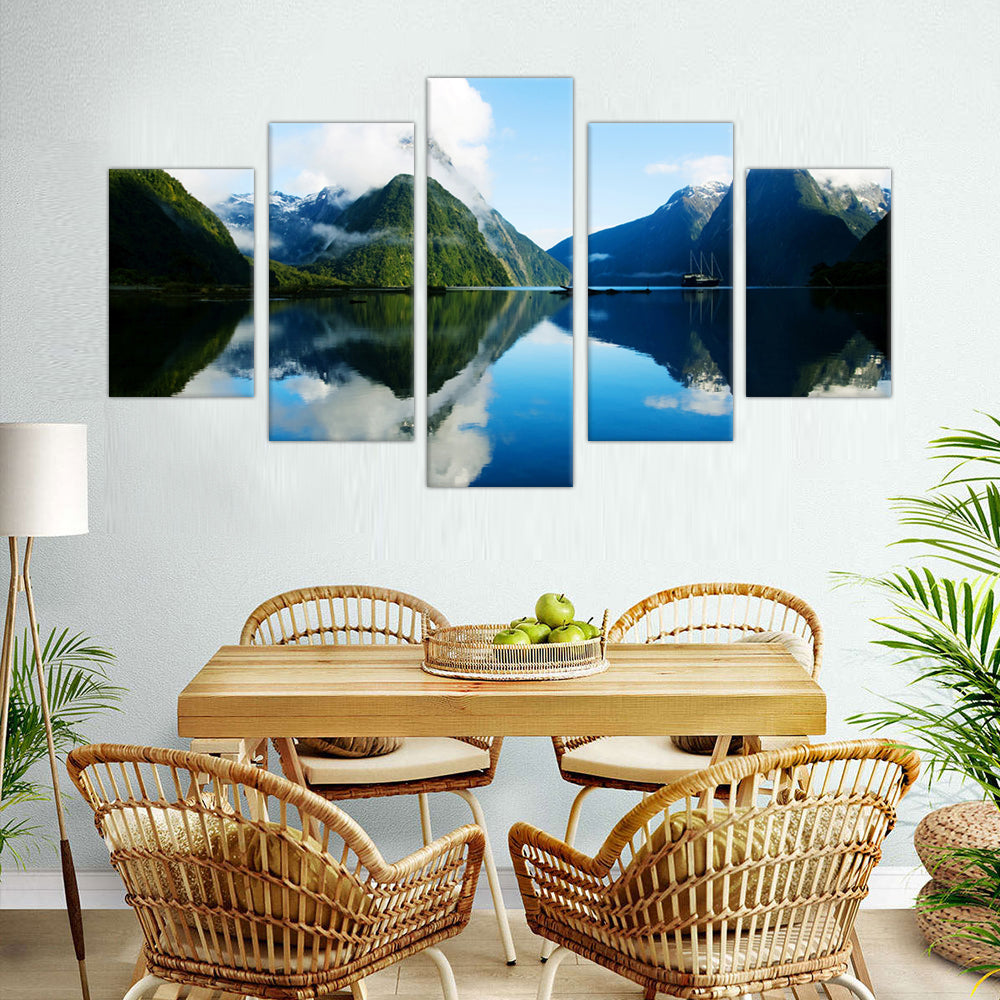 Tranquil Fjord Reflection: 5-Piece Nature Landscape Canvas Wall Art Set