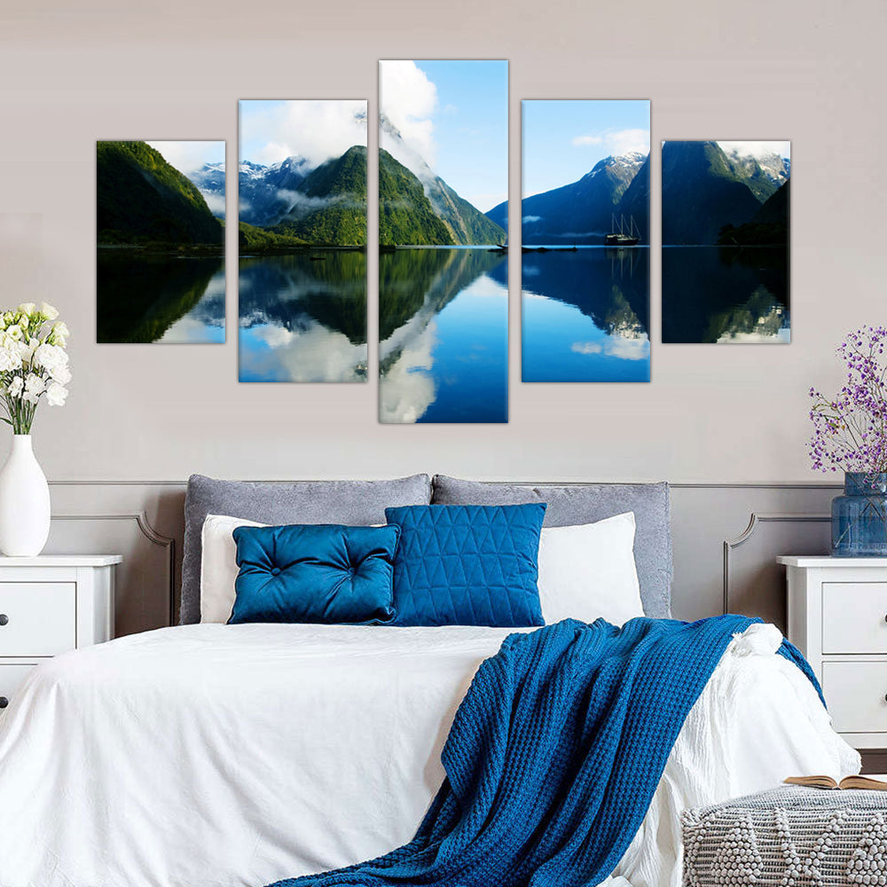 Tranquil Fjord Reflection: 5-Piece Nature Landscape Canvas Wall Art Set