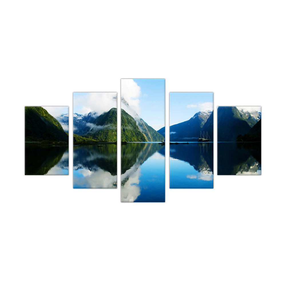 Tranquil Fjord Reflection: 5-Piece Nature Landscape Canvas Wall Art Set