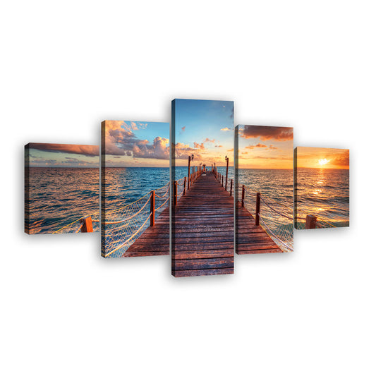 Sunset Over Wooden Sea Pier Canvas Wall Art