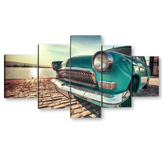 5 Piece Classic Green Car by the River Canvas Wall Art