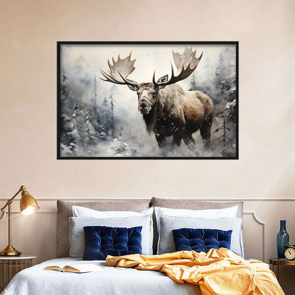 Watercolor Majestic Moose in Snowy Forest Canvas Wall Art