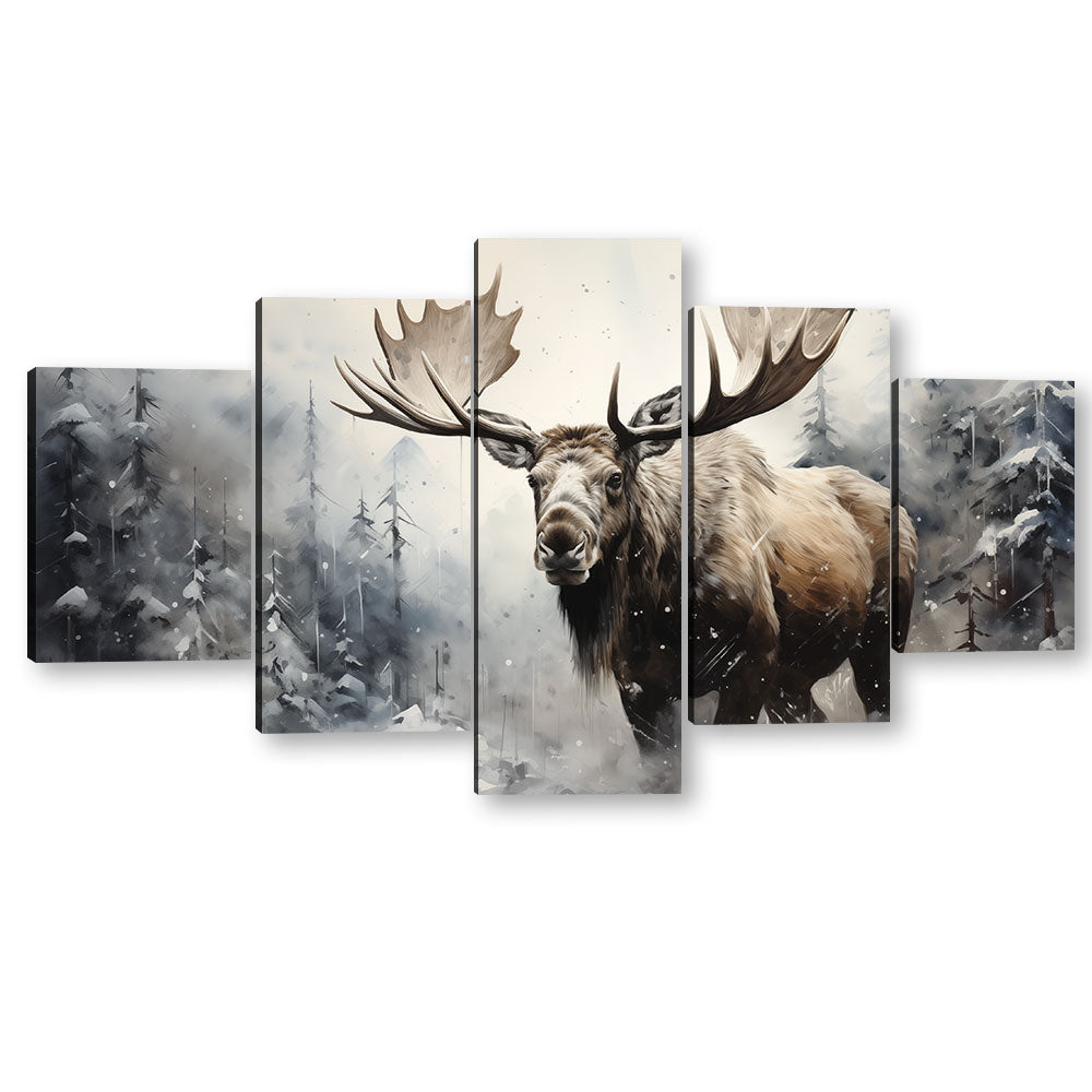 Watercolor Majestic Moose in Snowy Forest Canvas Wall Art