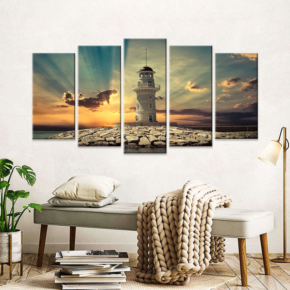 5 Piece Lighthouse in Sunset Canvas Wall Art