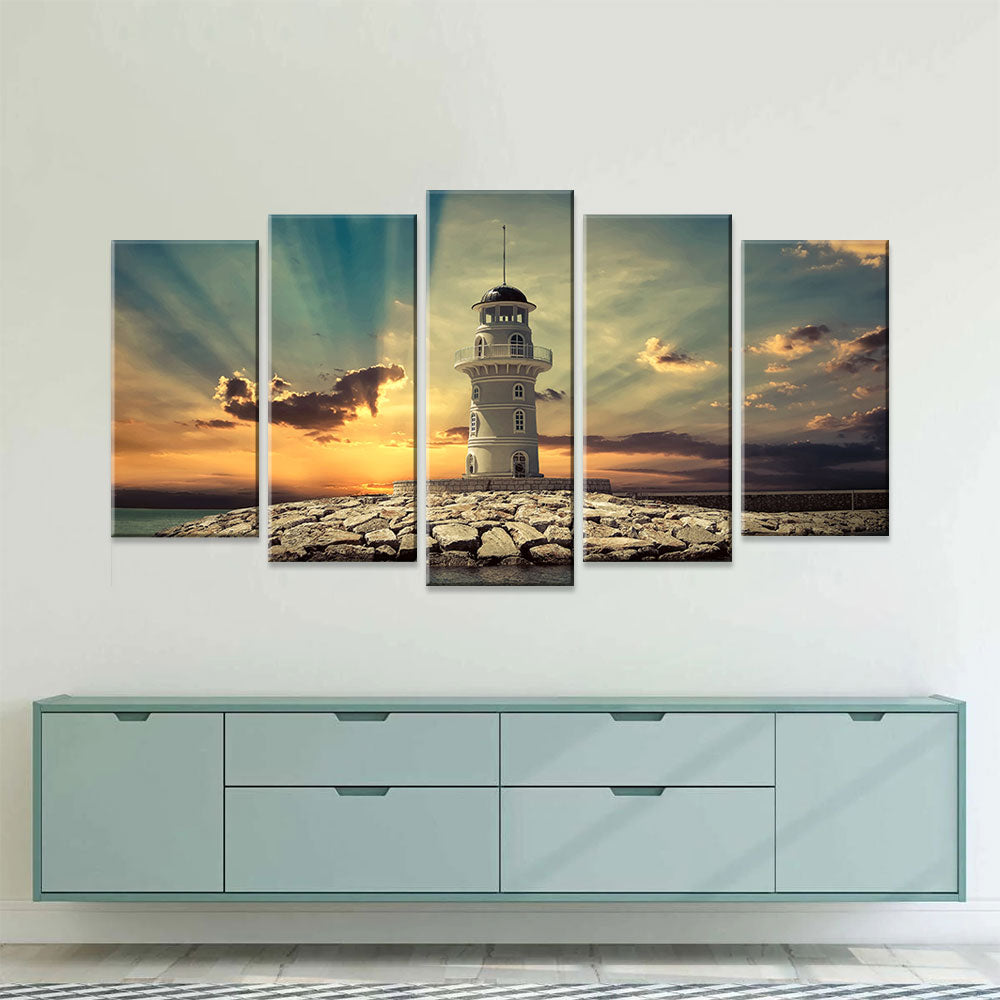 5 Piece Lighthouse in Sunset Canvas Wall Art