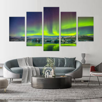 Arctic Aurora: 5-Piece Northern Lights Over Glacier Canvas Wall Art Set