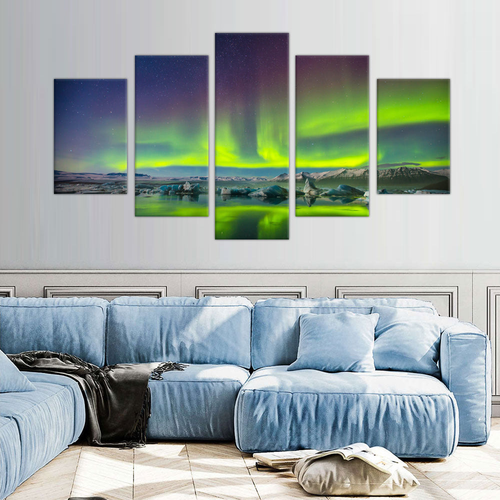 Arctic Aurora: 5-Piece Northern Lights Over Glacier Canvas Wall Art Set