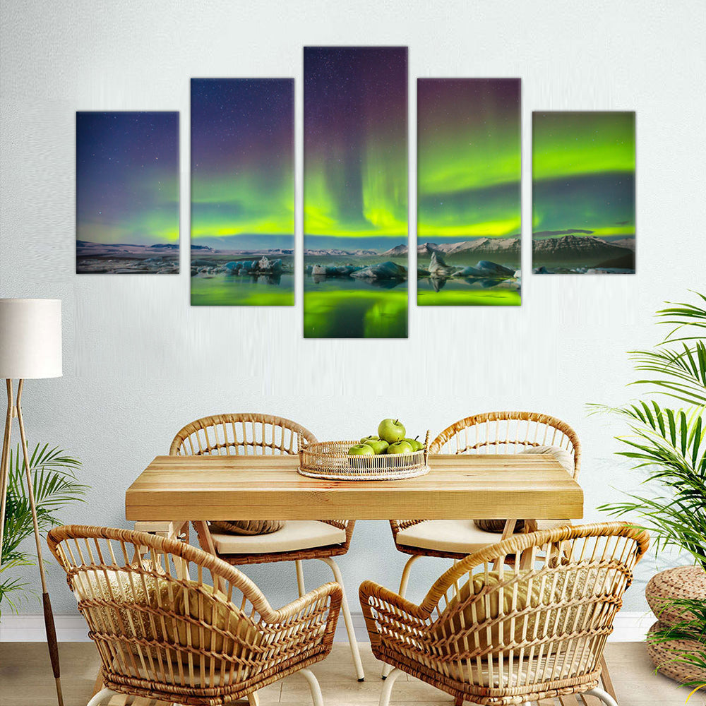 Arctic Aurora: 5-Piece Northern Lights Over Glacier Canvas Wall Art Set