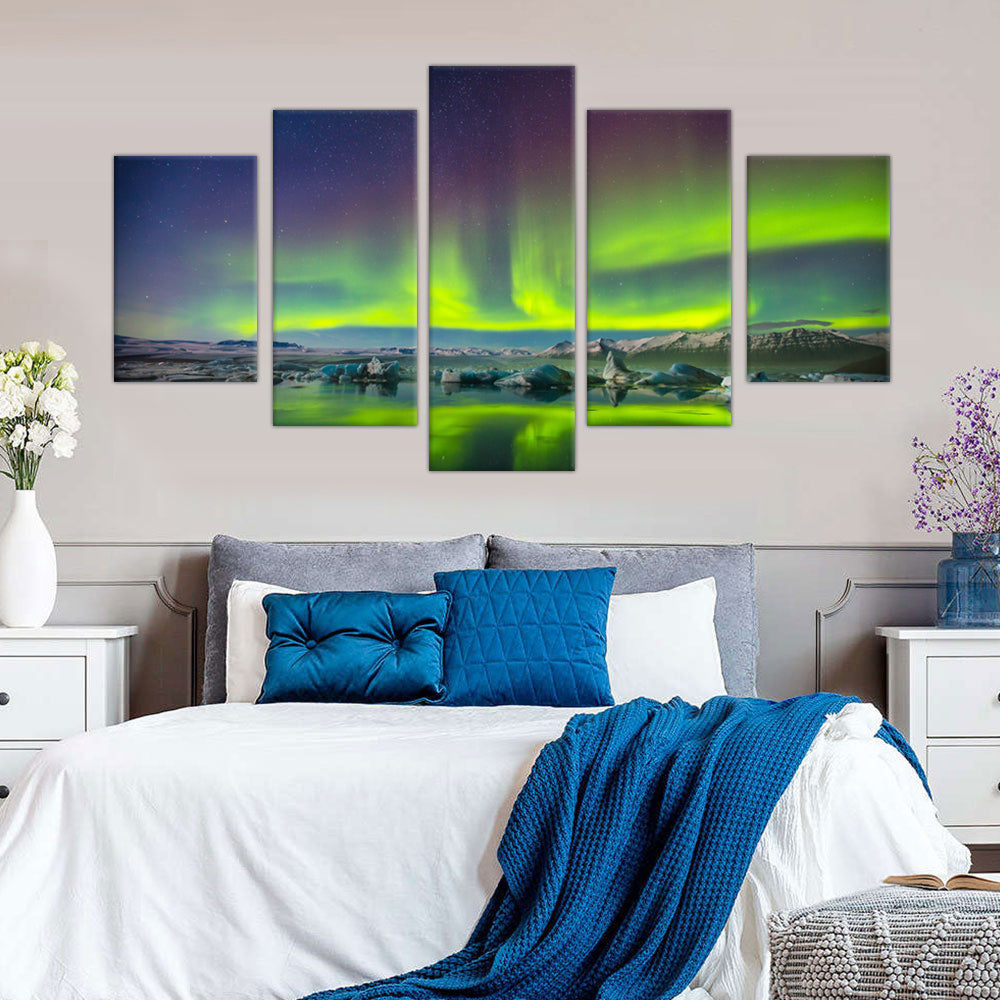 Arctic Aurora: 5-Piece Northern Lights Over Glacier Canvas Wall Art Set