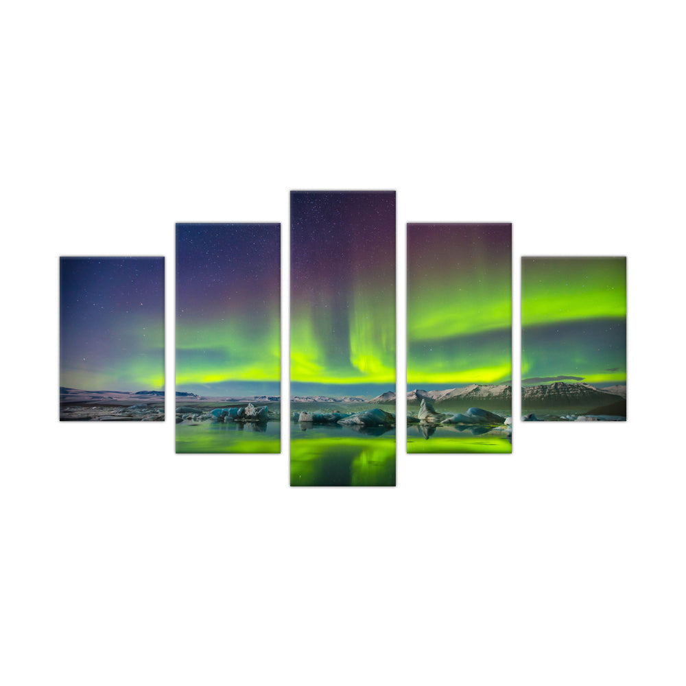 Arctic Aurora: 5-Piece Northern Lights Over Glacier Canvas Wall Art Set