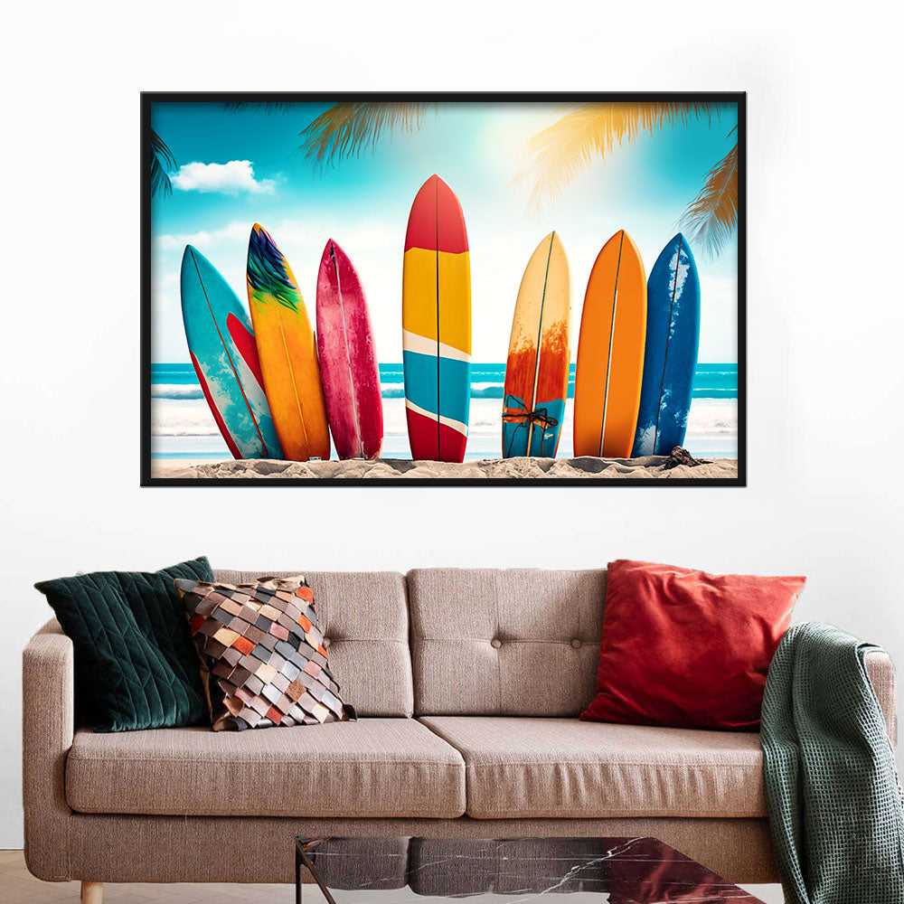 Colorful Surfboards on Beach Canvas Wall Art