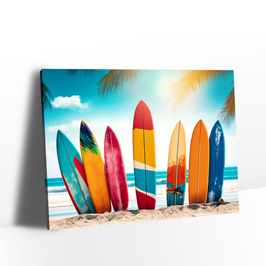 Colorful Surfboards on Beach Canvas Wall Art